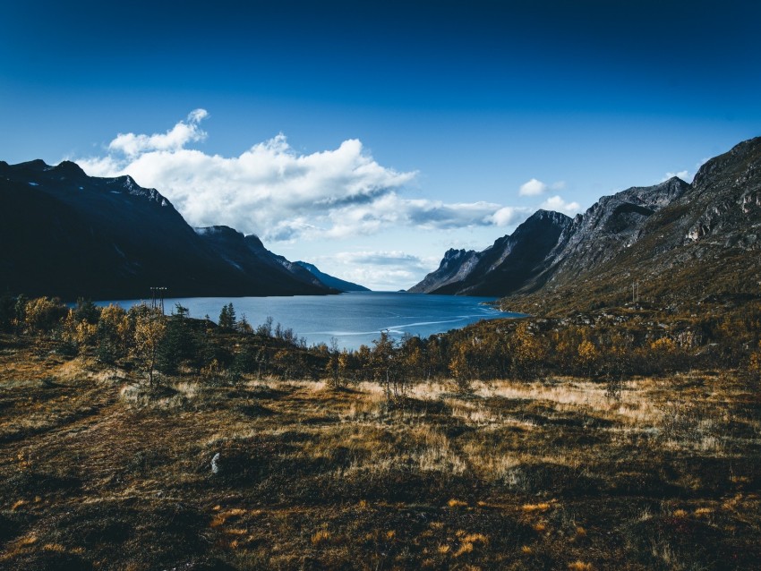 lake, mountains, grass, autumn, landscape