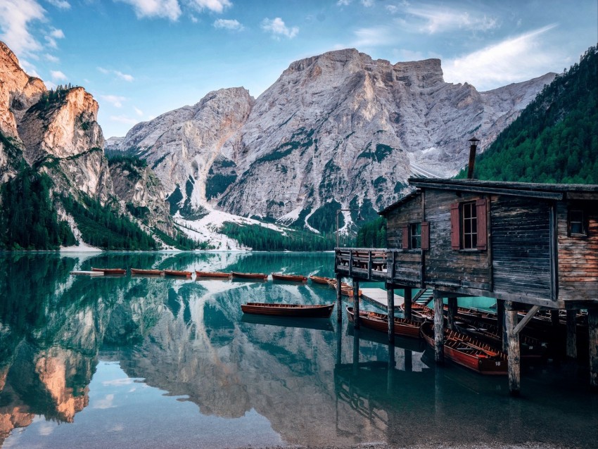 lake, mountains, house, boats, landscape, travel