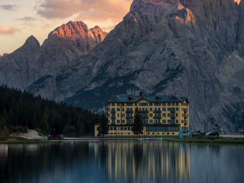 lake, mountains, house, landscape, misurina lake, misurina, italy