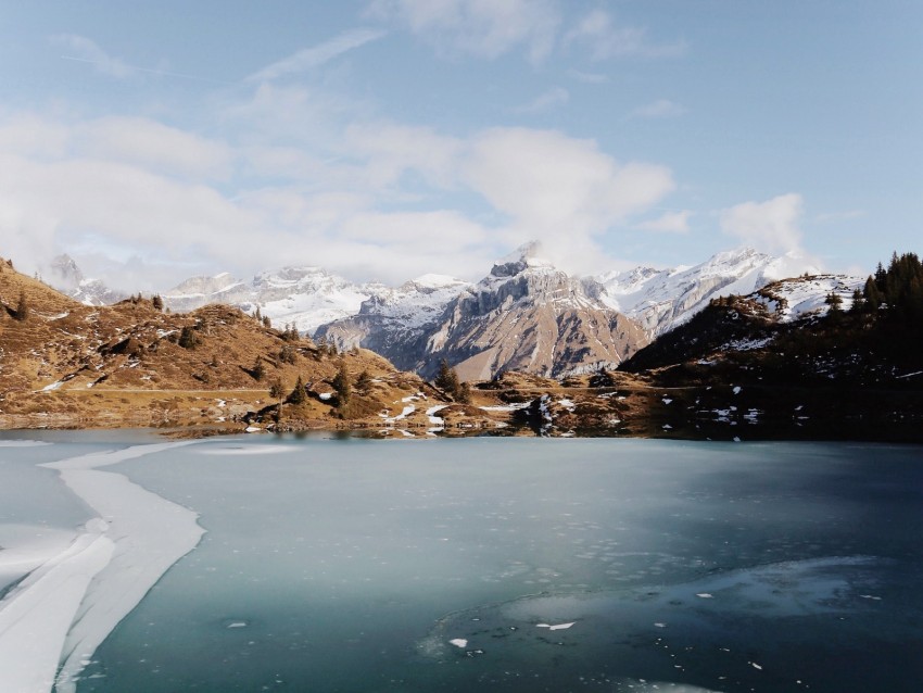 lake, mountains, ice, frozen, landscape