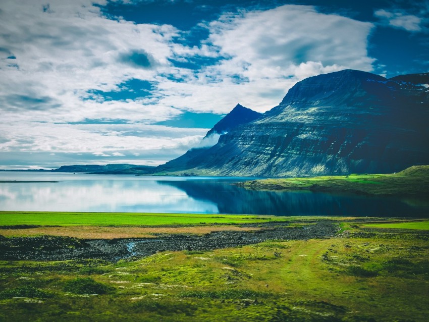 lake, mountains, landscape, clouds, island