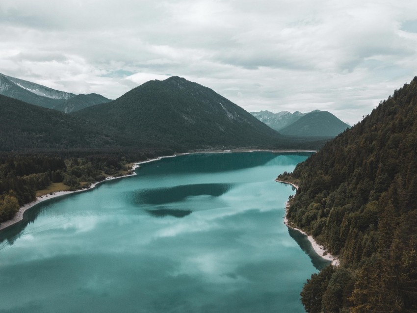 Lake Mountains Landscape Trees Aerial View Background