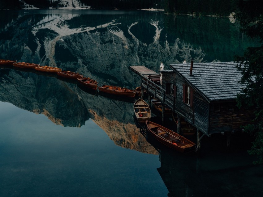 lake, mountains, pier, boats, nature