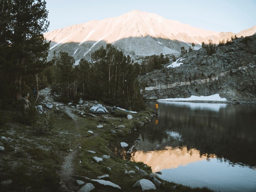 lake, mountains, shore, man, camping, nature