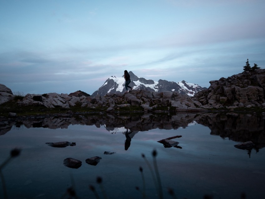 lake, mountains, silhouette, stones, shore