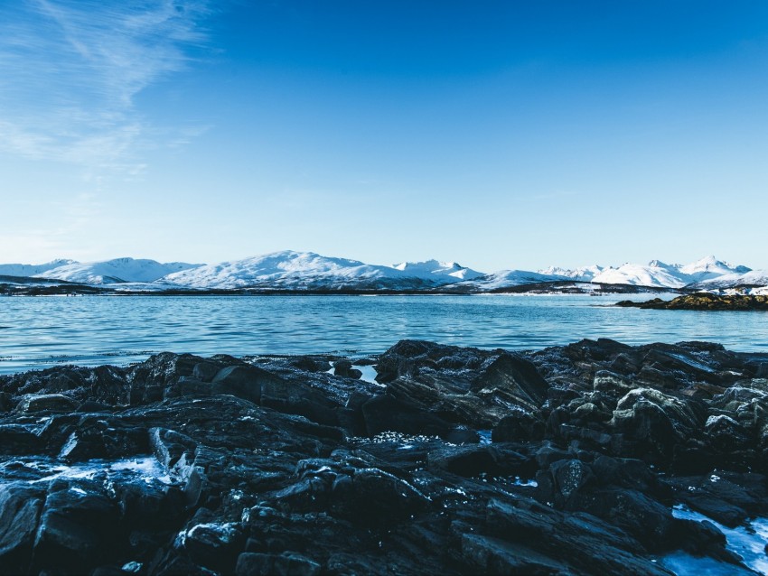 Lake Mountains Stones Ice Snow Winter Landscape Sky Background