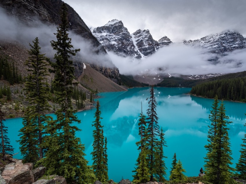 Lake Mountains Trees Clouds Landscape Background