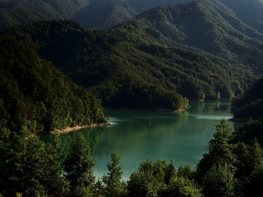 lake, mountains, trees, landscape, italy