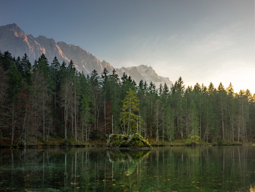 lake, mountains, trees, sky, peaks