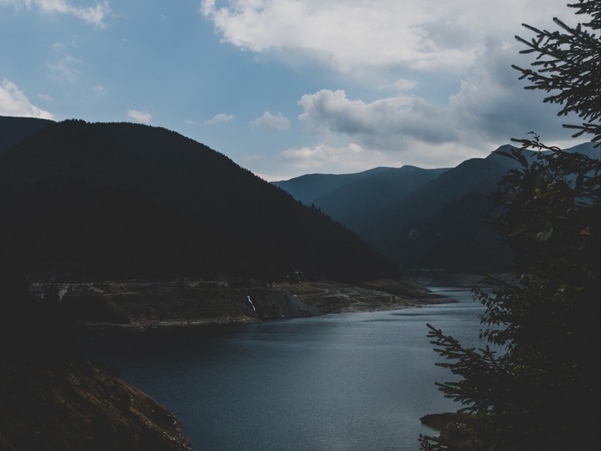 lake, mountains, twilight, evening, sky