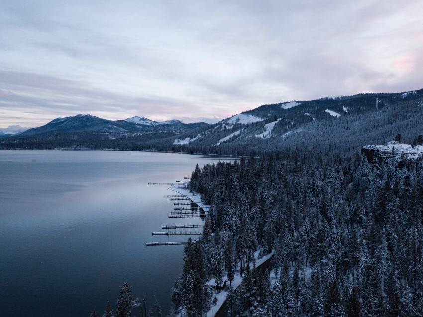 lake, mountains, winter, snow, road, top view