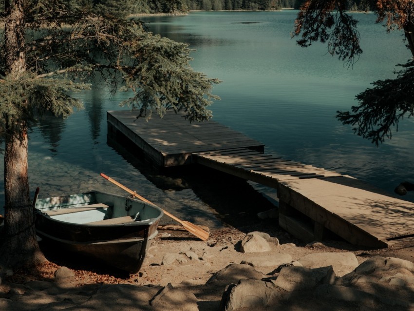 lake, pier, boat, trees, shore