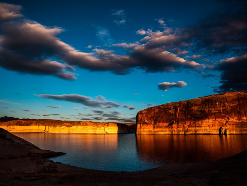 Lake Rocks Canyon Flooded Clouds Background