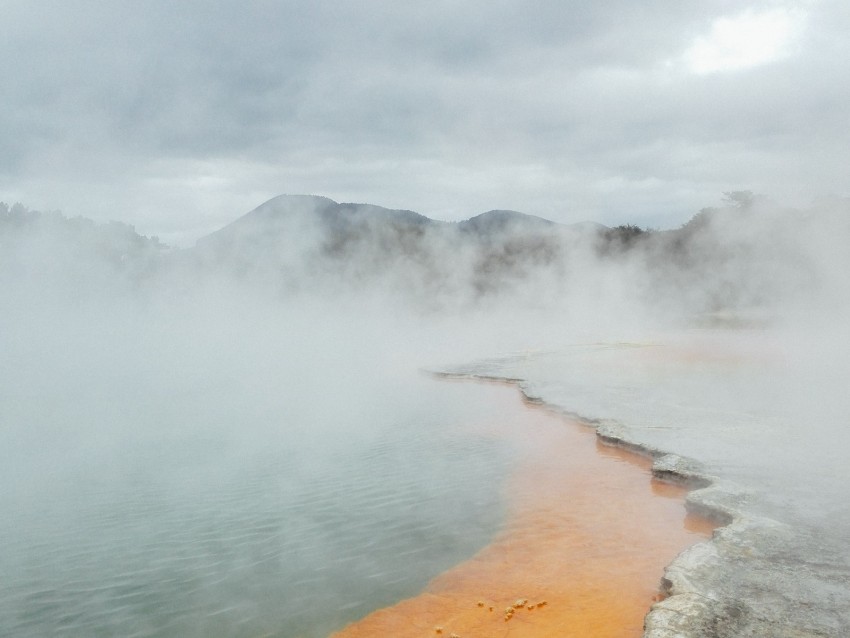 lake, shore, fog, mountains