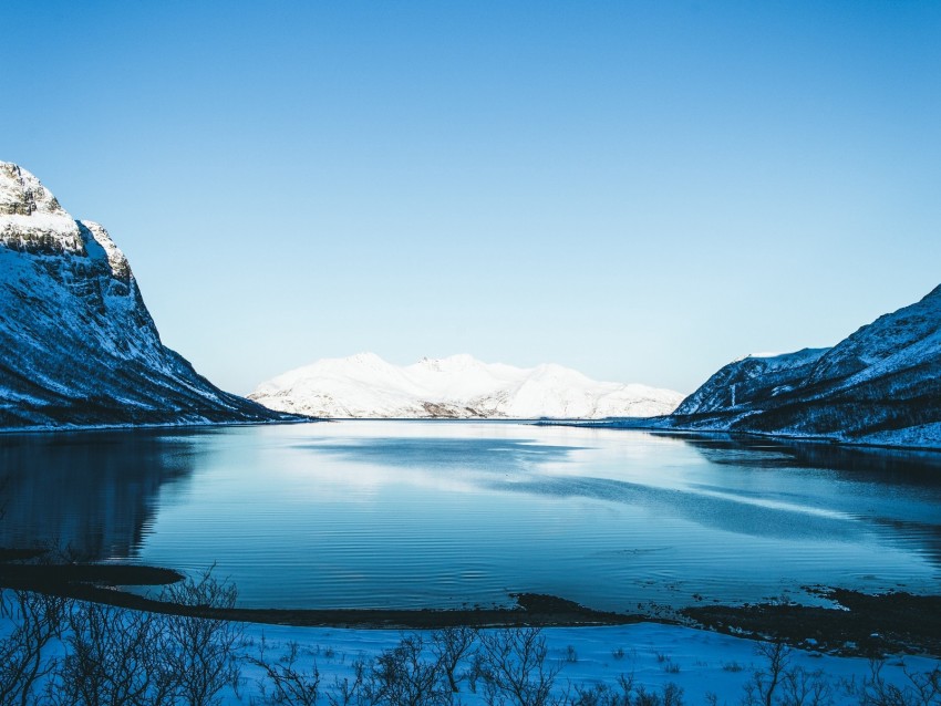 lake, snow, mountains, sky, trees, coast, winter