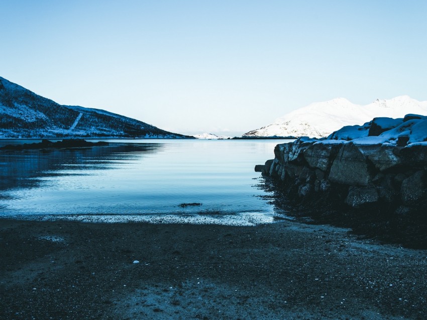 Lake Snow Mountains Sky Winter Sand Shore Background