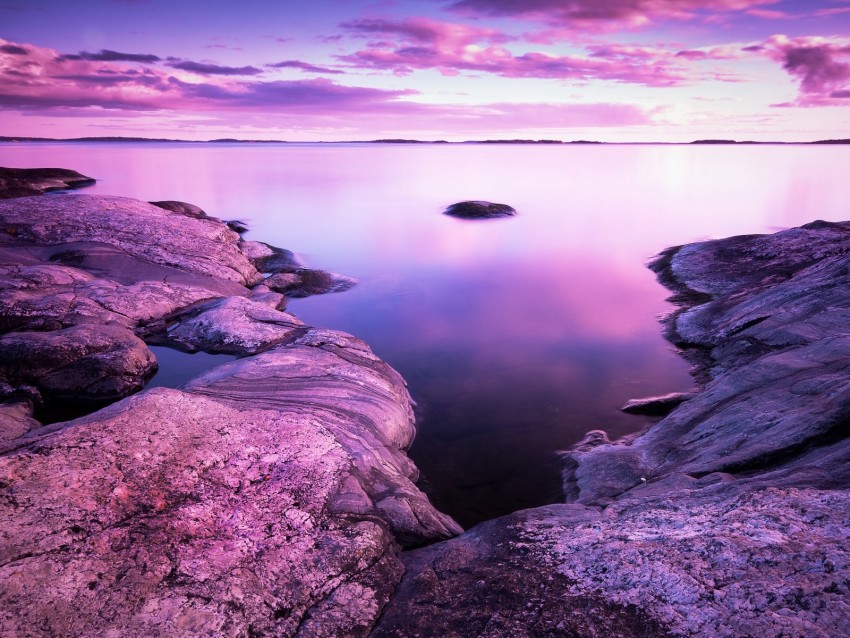 lake, stones, landscape, shore, clouds, purple