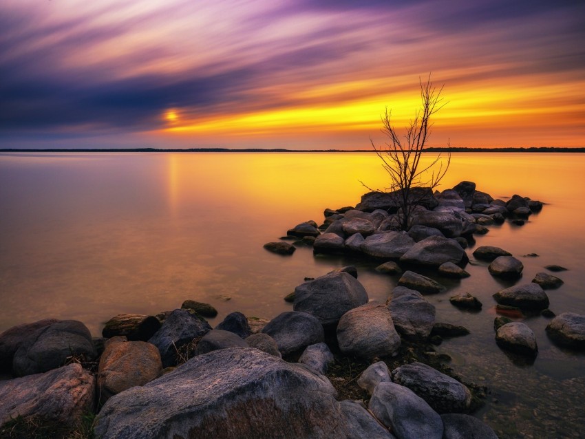 Lake Stones Sunset Water Reflection Tree Background