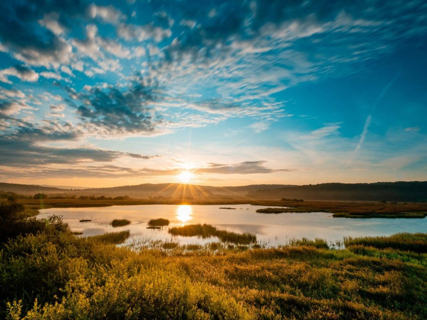 lake, sun, dawn, shore, landscape