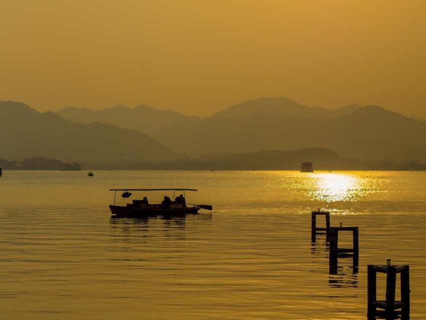 lake, sunset, boat, horizon