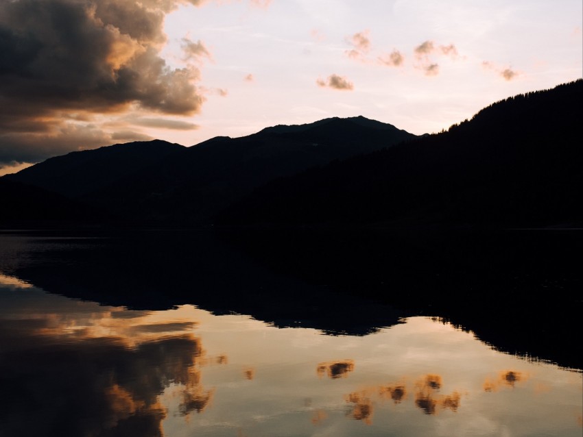 lake, sunset, clouds, reflection, trees, sky