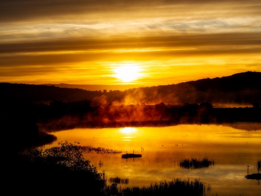 lake, sunset, fog, twilight, landscape