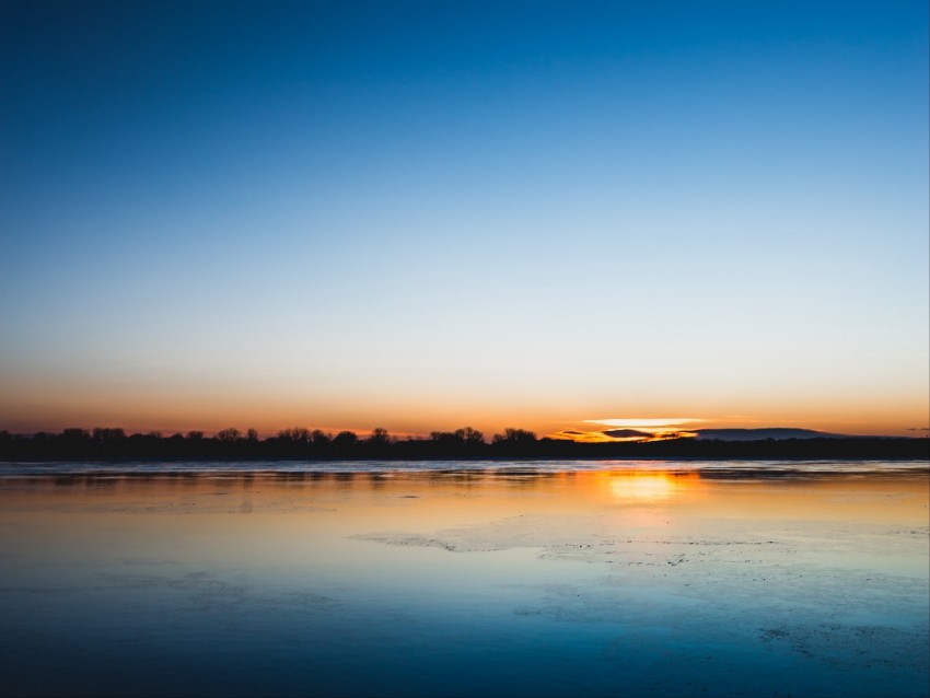 lake, sunset, horizon, distant, twilight, clear sky