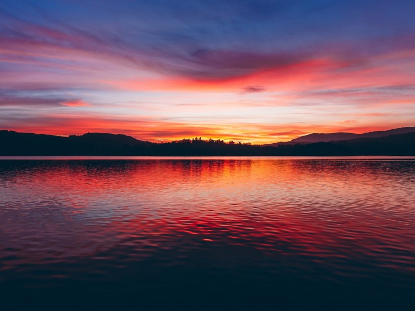 lake, sunset, horizon, sky, trees, twilight