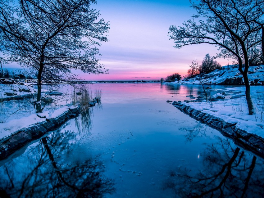 Lake Sunset Horizon Winter Background