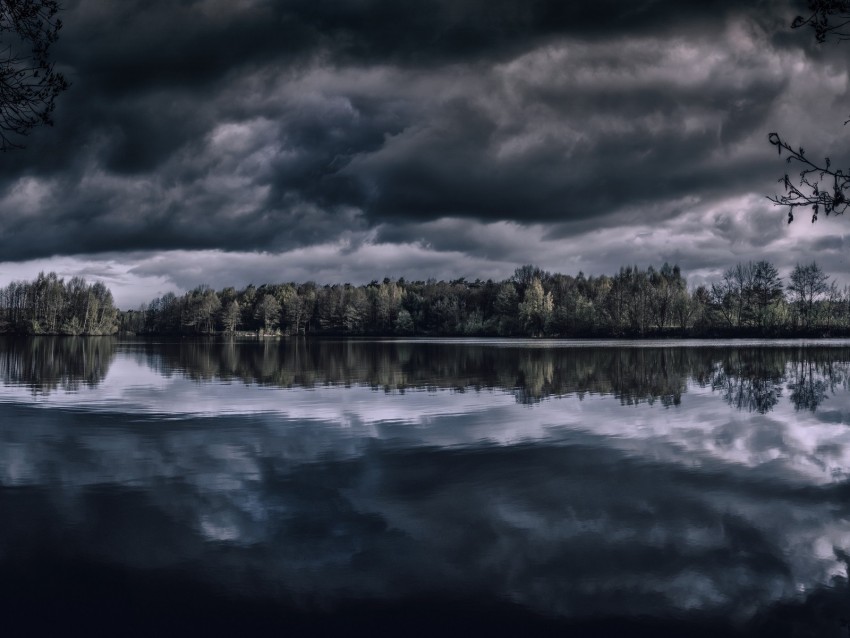 Lake Trees Horizon Reflection Clouds Dark Overcast Background