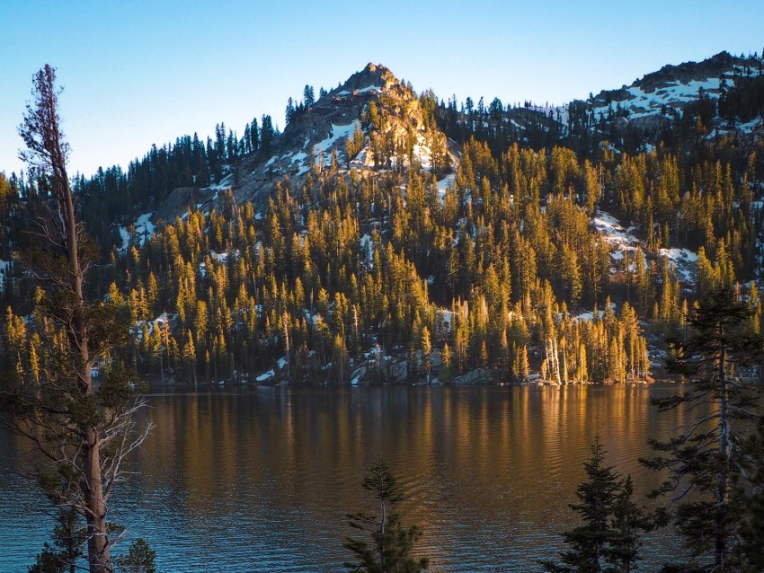 lake, trees, mountain, stones, shore