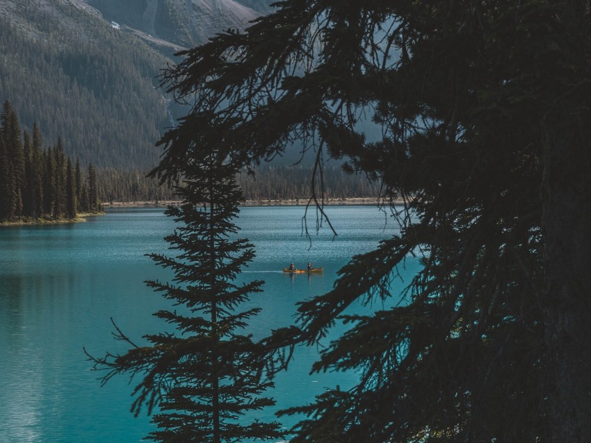 lake, trees, mountains, boat, nature