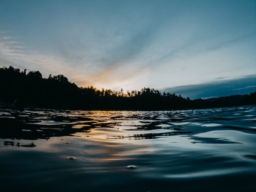 lake, water, shore, sunset, dark