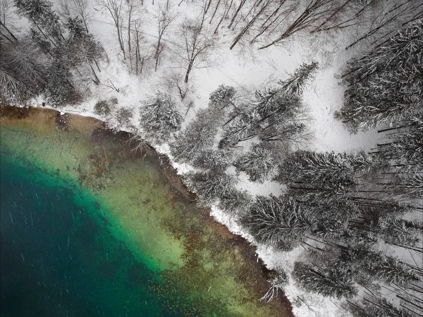 Lake Winter Snow Aerial View Trees Background