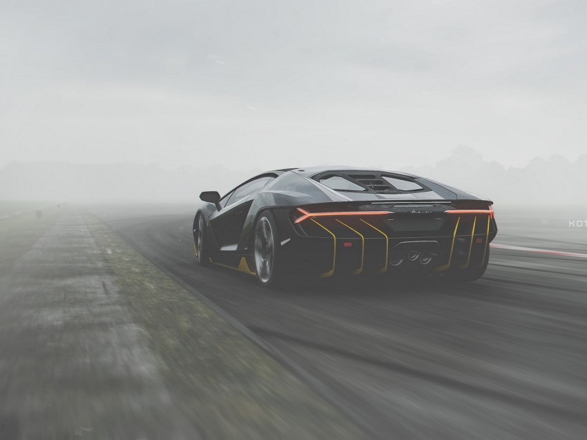 lamborghini centenario, lamborghini, sportscar, black, rear view, track, fog