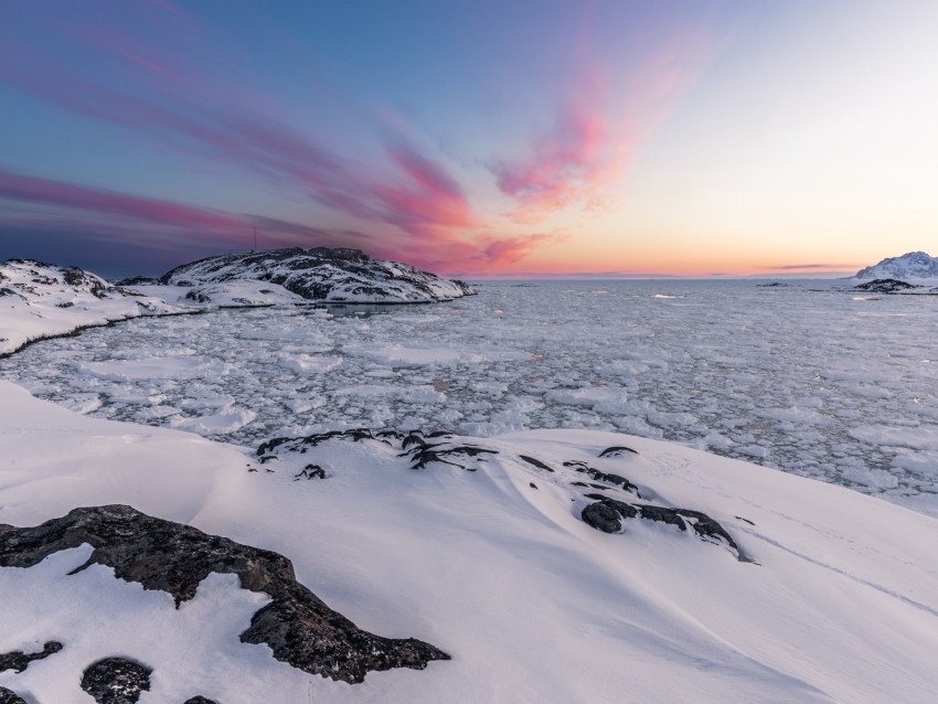 landscape, ice, snow, frozen, coast, rocks, ocean