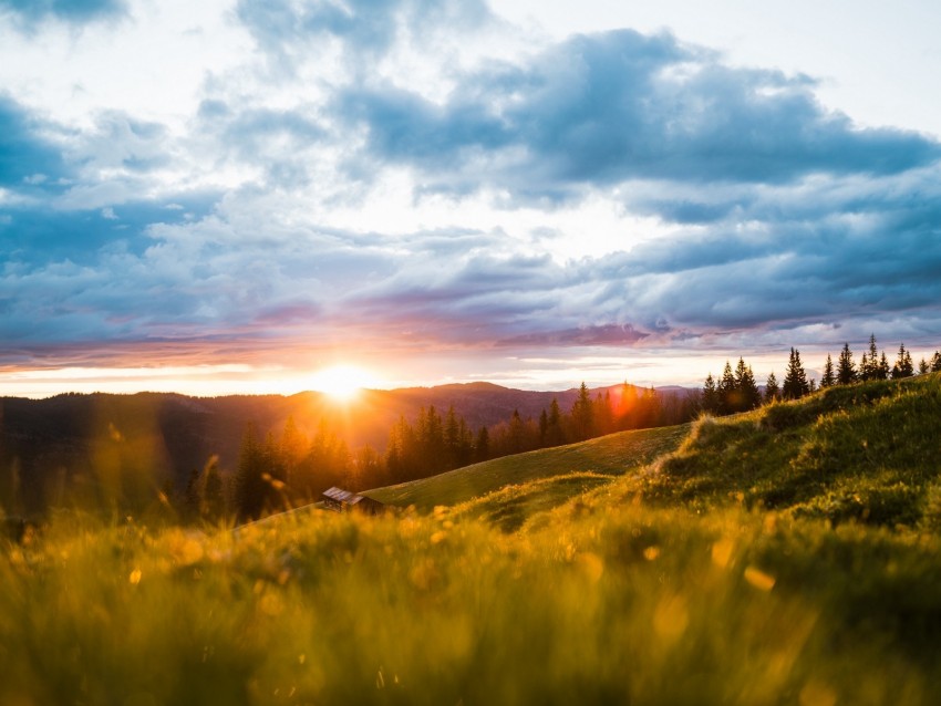 landscape, mountains, sun, meadow, trees, sunrise, sunlight