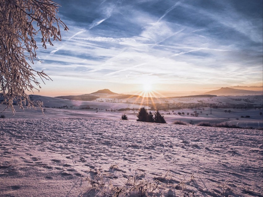 landscape, winter, snow, sun, hills, relief