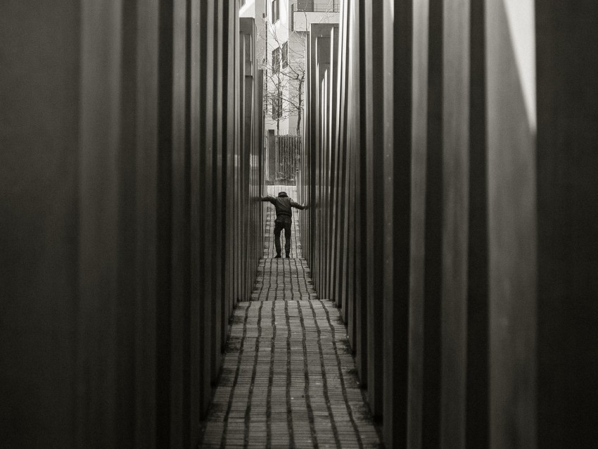 lane, silhouette, bw, narrow, walls, long