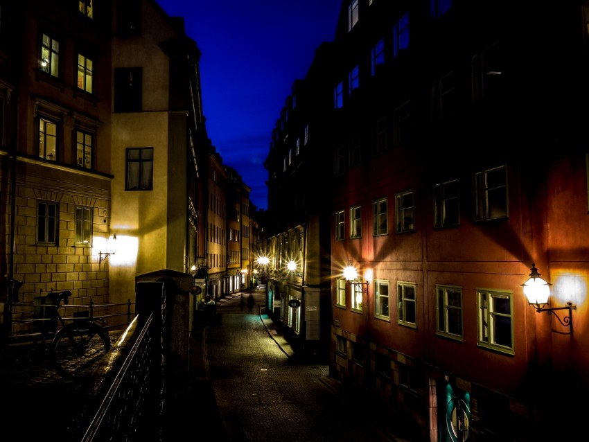 Stockholm at night, cityscape, urban street, historic buildings, illuminated lights