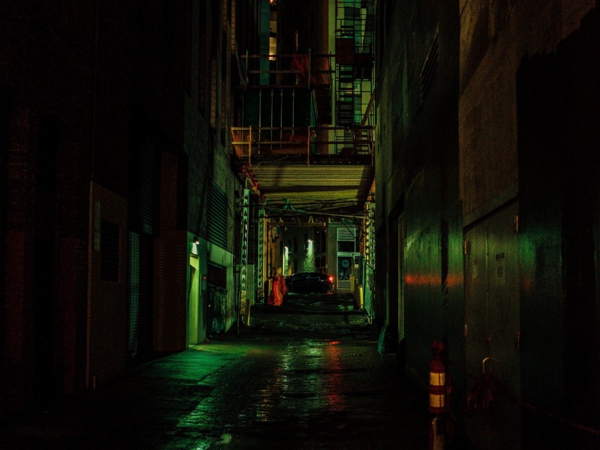 lane, street, night, dark, buildings