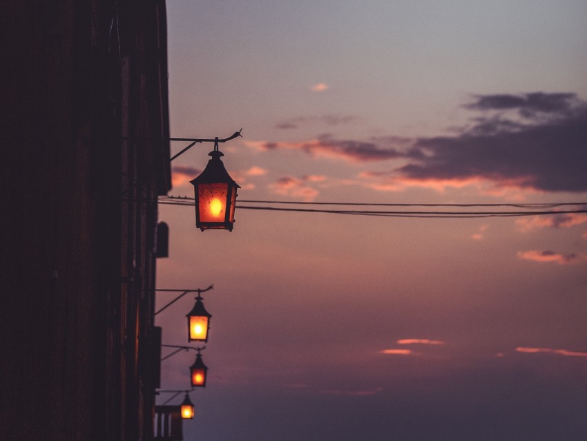 lanterns, sunset, sky, roof