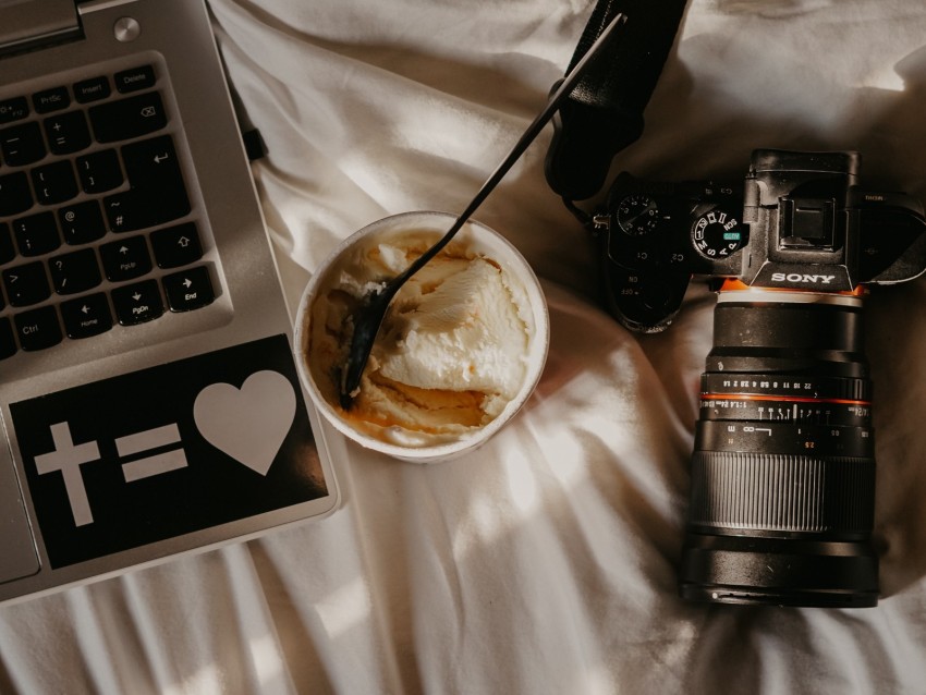 laptop, camera, ice cream, dessert, spoon, working process