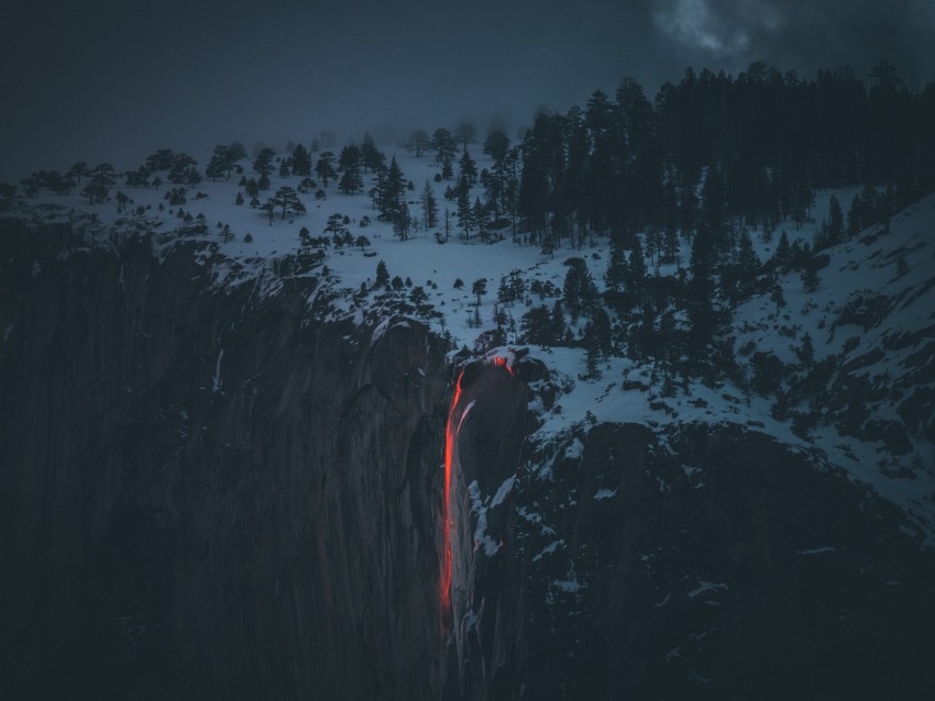 Lava Volcano Cliff Fog Snow Winter Background