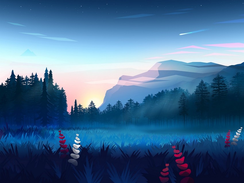 Lawn Forest Mountains Fog Landscape Art Background