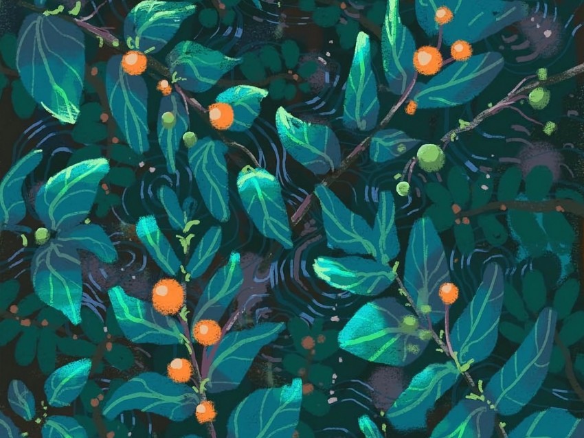 leaves, art, patterns, berries, paint, green