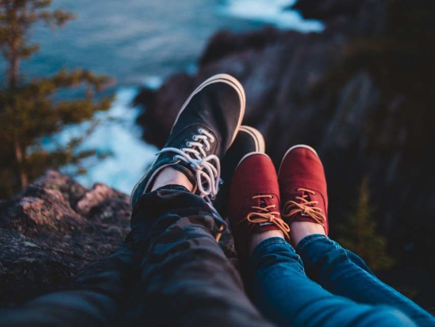 Legs Shoes Sneakers Cliff Sea Background