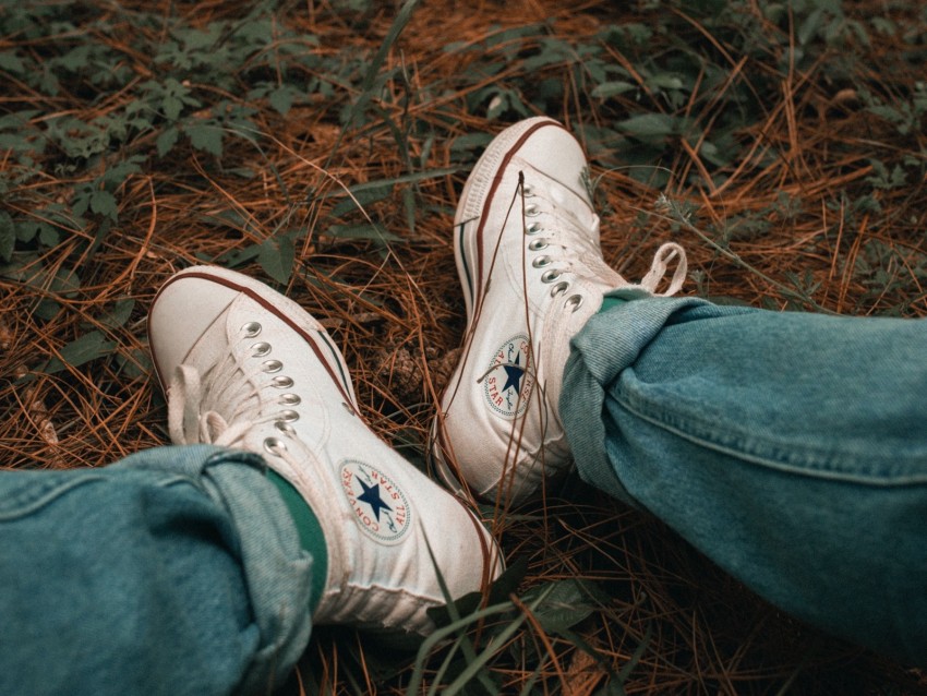 Legs Sneakers White Shoes Grass Background