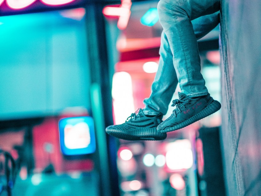 legs, wall, sneakers, neon, lights, blur