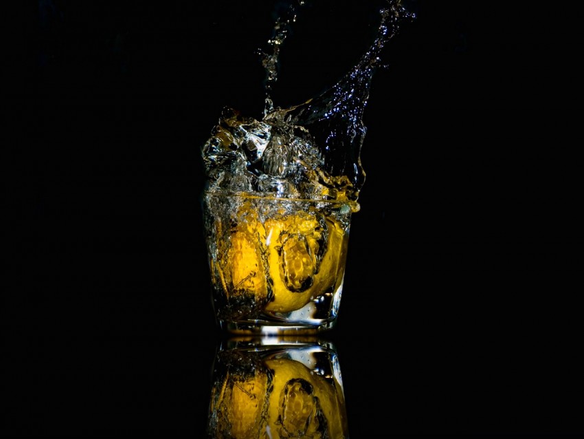 lemon, glass, spray, splash, macro, black